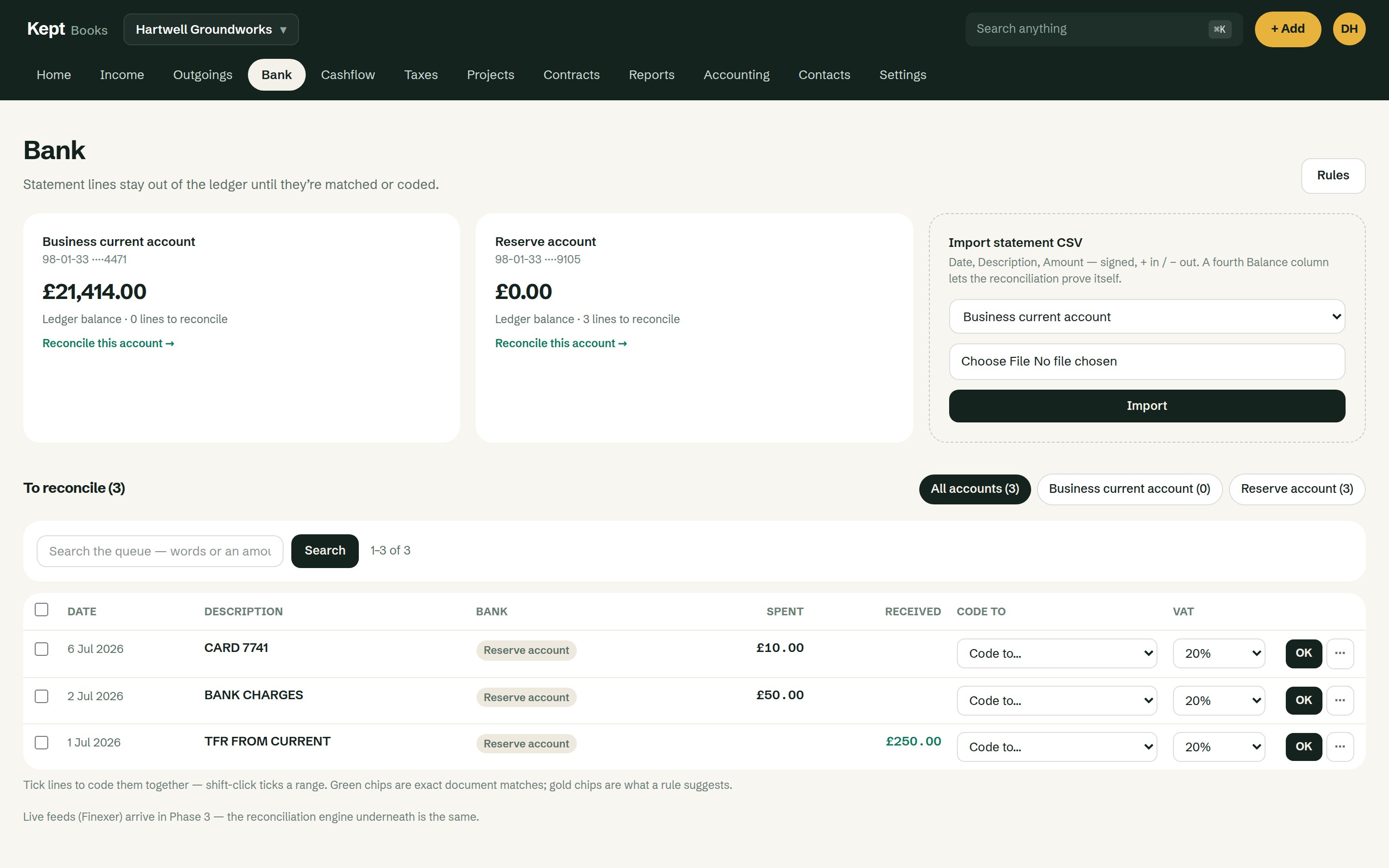 One bank queue across accounts: certain matches accepted in a click, rules proposed from what you already coded